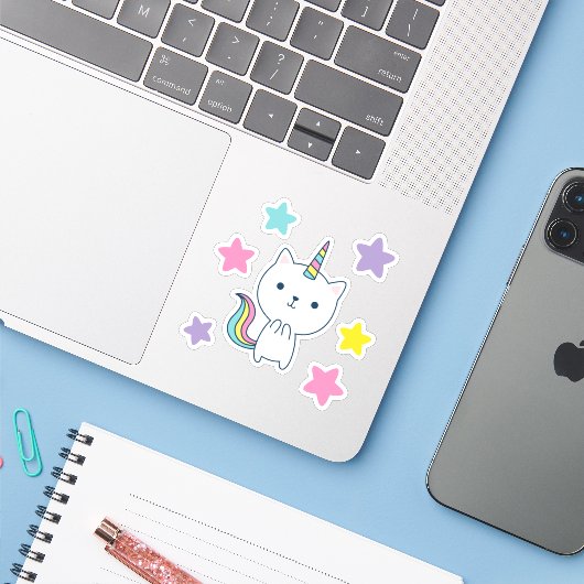 Caticorn Custom-Cut Vinyl Sticker (Laptop met iPhone)