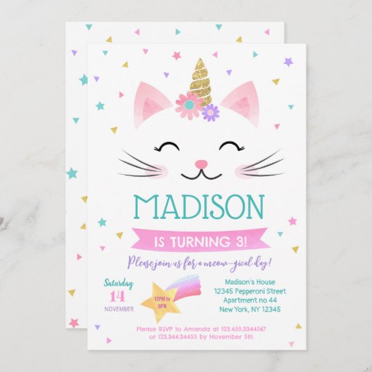 Caticorn Kitty Chat Kitten Invitations d'anniversa (Devant / Derrière)
