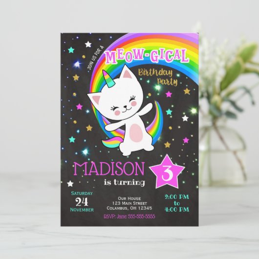 Caticorn Verjaardag Uitnodiging, Cat Rainbow Kaart (Staand voorkant)
