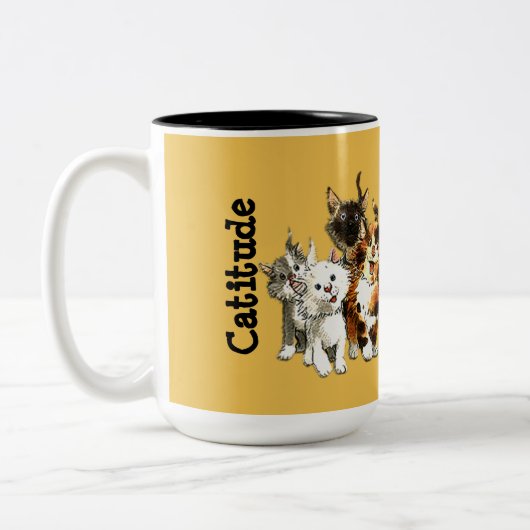 Catitude Cute Kitty Cats Yellow Coffee Mok (Links)
