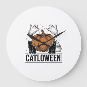 Catloween Zwarte Kat Geest Halloween Vector Ontwer Grote Klok