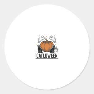Catloween Zwarte Kat Geest Halloween Vector Ontwer Ronde Sticker