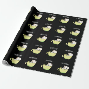 Catpuccino Funny Kitty Cat in Cup Pun Dark BG Cadeaupapier