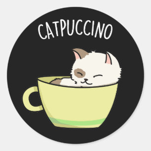 Catpuccino Funny Kitty Cat in Cup Pun Dark BG Ronde Sticker