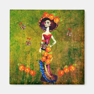 Catrina W/Pet, Oranje bloemen en blauwe goudroffel Magneet