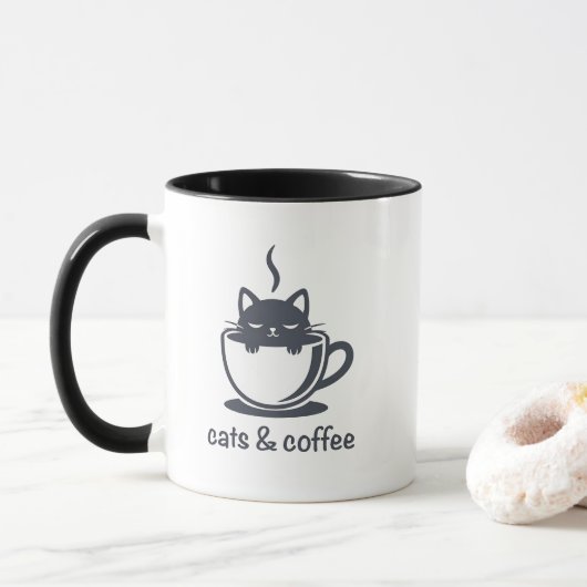 Cats and Coffee Minimalist Noir Feline Quote Mok (Met donut)