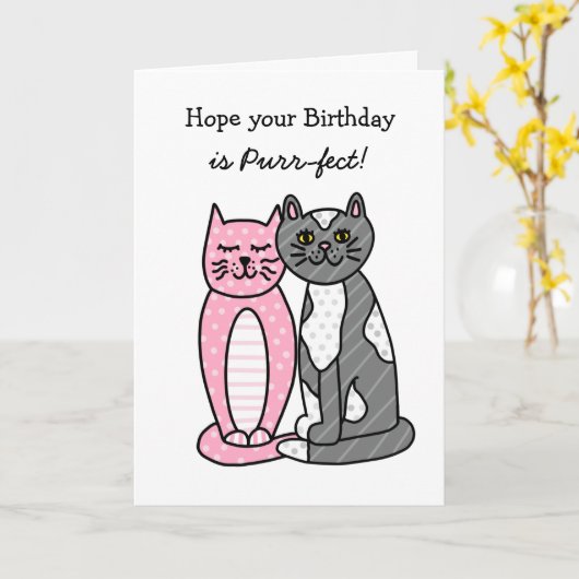 Cats Birthday Cute Whimsical Folk Art Kaart (Gele Bloem)