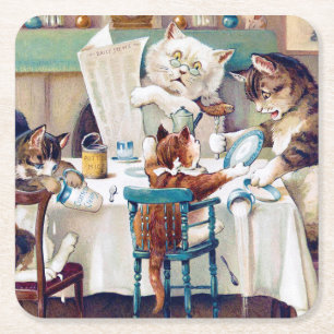 Cat's Breakfast Time, Louis Wain Vierkante Kartonnen Onderzetter