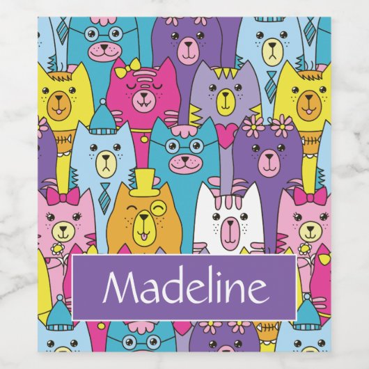 Cats Cats Pattern (kleurrijke Cartoon), speciaal g Wijn Etiket (Enkel label)