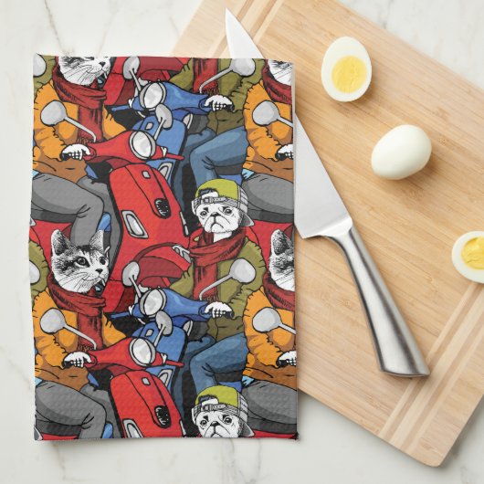 Cats & Dogs Scooter Pattern Theedoek (Quarter Fold)