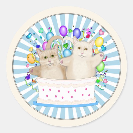 Cats Happy Birthday Classic Ronde Sticker (Voorkant)