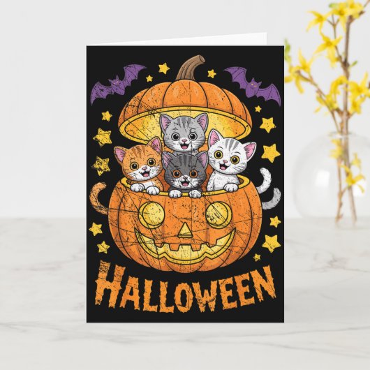 Cats In Pumpkin Cute Halloween Kitties Funny Kaart (Gele Bloem)