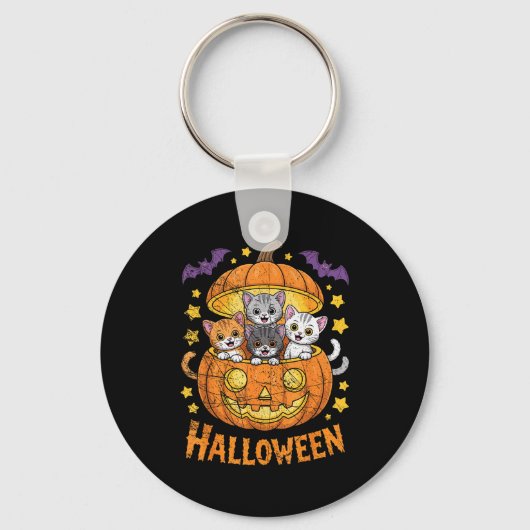 Cats In Pumpkin Cute Halloween Kitties Funny Sleutelhanger (Voorkant)