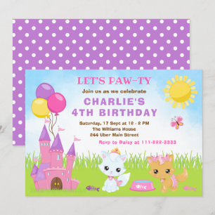 Cats Kittens Castle Pink Birthday Party Invitation Kaart