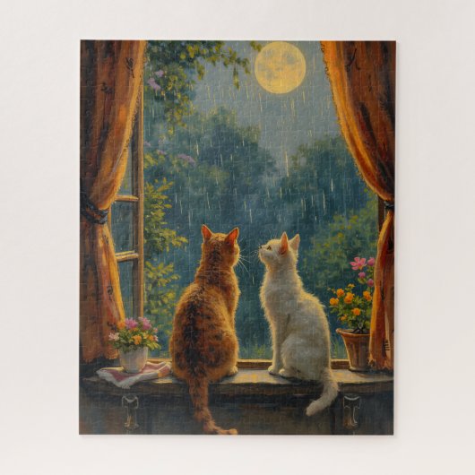 Cats looking at the moon and rain legpuzzel (Verticaal)