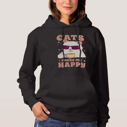 Cats Make Me Happy Cool Coffee Cat Hoodie (Voorkant)