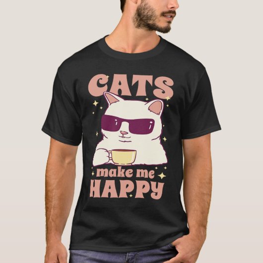Cats Make Me Happy Cool Coffee Cat T-shirt (Voorkant)