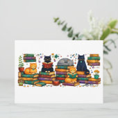 Cats Reading Books Cozy Library Scene Kaart (Staand voorkant)