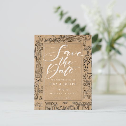 Cats Rustic Kraft Script Bewaar de datum Aankondigingskaart (Staand voorkant)
