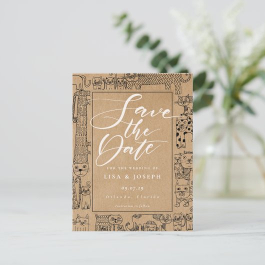 Cats Rustic Kraft Script Bewaar de datum Briefkaart (Staand voorkant)