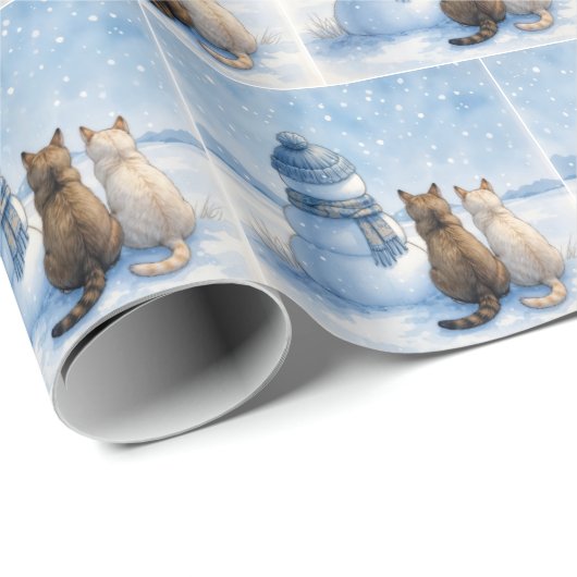Cats Sitting With a Snowman In a Field Cadeaupapier (Rol Hoek)