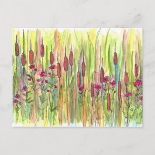 Cattails Wildflowers Meadow Waterverf Tekening Briefkaart