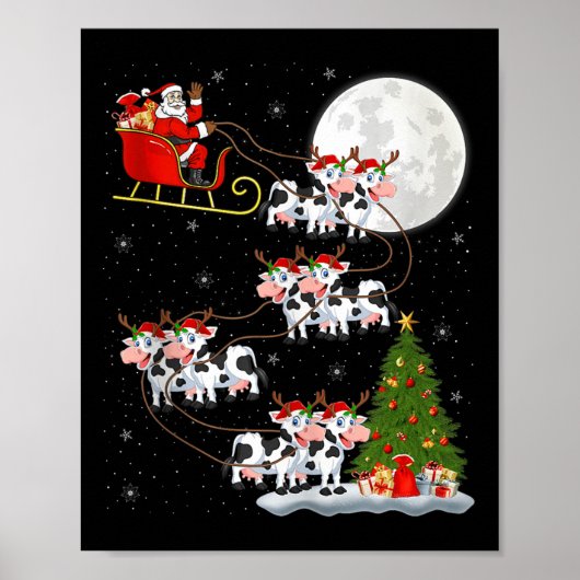 Cattle Cow Santa Sleigh Flying Funny Magical Chris Poster (Voorkant)