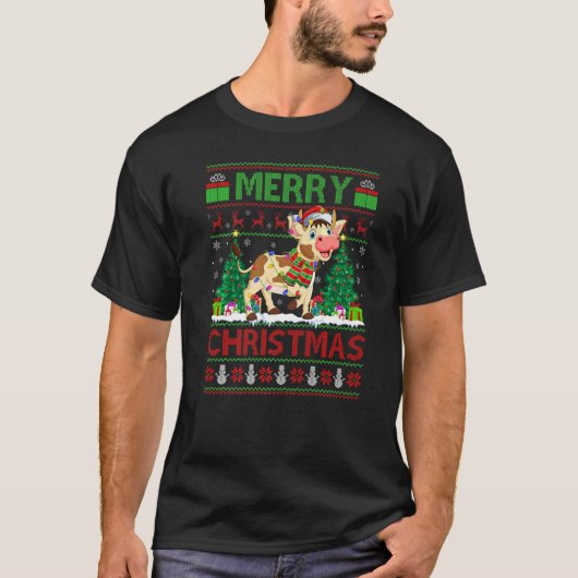Cattle  Xmas Tree Lights Ugly Santa Cattle Christm T-shirt (Voorkant)