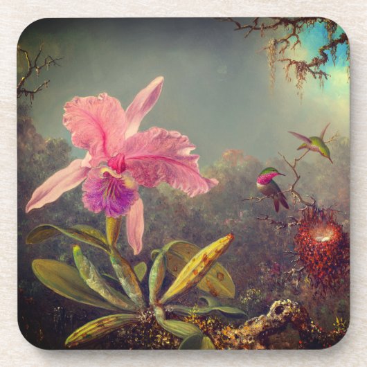 Cattleya Orchid en drie kolibries kop Bier Onderzetter (Voorkant)