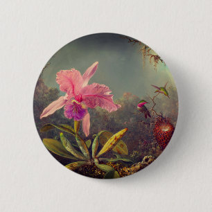 Cattleya Orchid en drie kolibries kop Ronde Button 5,7 Cm