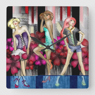 Catwalk Mode Tienage Girls Funky Modern Art Vierkante Klok