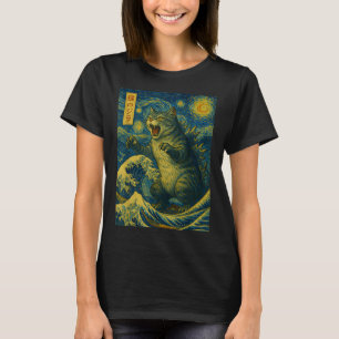 Catzilla Funny Cat Japanese Art Sterrennacht Wave T-shirt