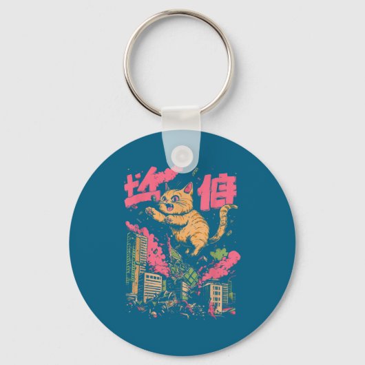 Catzilla Funny Giant Cat Monster Kaiju Japanese Ka Sleutelhanger (Voorkant)