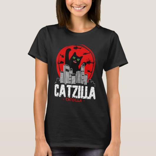 Catzilla Japanese Sunset fighting helicopter funny T-shirt (Voorkant)