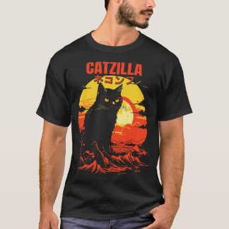 Catzilla Japans Kanji Retro Mountain Sunset Cat T-shirt
