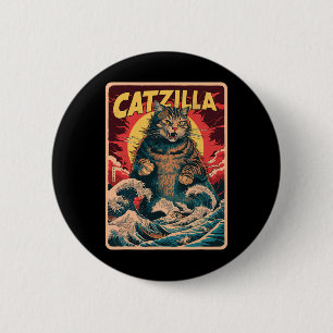 Catzilla Japanse Kunst Grappige Kat Vintage Grafis Ronde Button 5,7 Cm