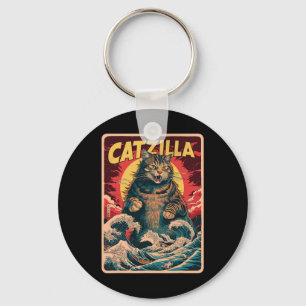 Catzilla Japanse Kunst Grappige Kat Vintage Grafis Sleutelhanger