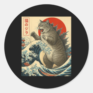 Catzilla Kat Japanse Kunst Grappige Kat Gifts Voor Ronde Sticker