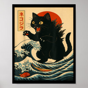 Catzilla Kat Japanse Kunst Grappige Kat Voor Manne Poster