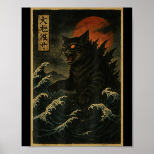 Catzilla Kat Japanse Kunst Grappige Kat Voor Manne Poster