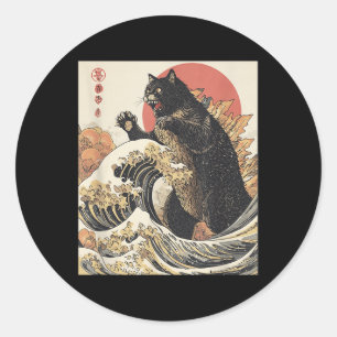 Catzilla Kat Japanse Kunst Grappige Kat Voor Manne Ronde Sticker
