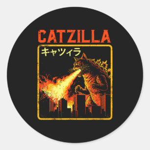 Catzilla Kat Monster Grappige Japanse Parodie Vrou Ronde Sticker