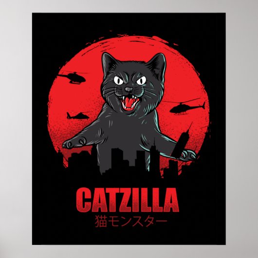 Catzilla Monster Cat Destroys Skyscraper Building Poster (Voorkant)