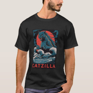 Catzilla Monster Kat Retro Japanse Grote Golf Kana T-shirt