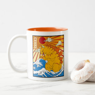 Catzilla Off Kanagawa Grappige Japanse Kunst Kat G Tweekleurige Koffiemok
