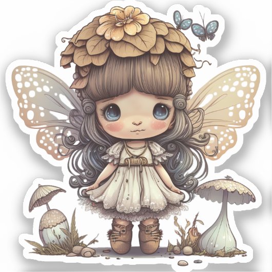 Caute Fairy Girl met paddenstoel en vlinders Sticker (Voorkant)
