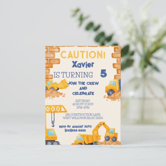 CAUTION! Construction Truck Birthday Invitation (Debout devant)
