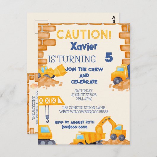 CAUTION! Construction Truck Birthday Invitation (Devant / Derrière)