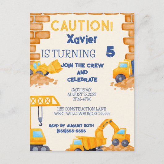 CAUTION! Construction Truck Birthday Invitation (Devant)