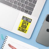 Caution Open Door Slowly Sticker (Laptop met iPhone)